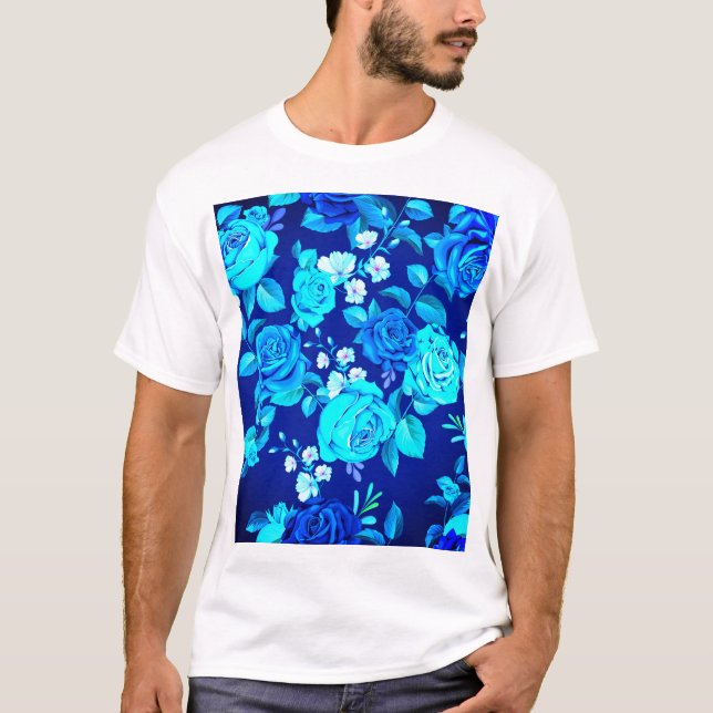 Klassiskt Blått Rosblommönster-87600 T Shirt (Framsida)