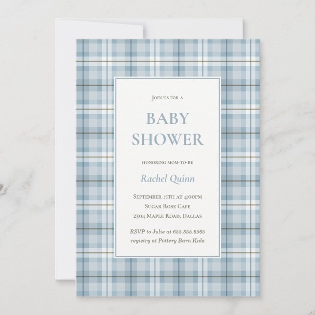 Klassiskt blått tartan-rutmönster pojkbarnsbad inbjudningar (Framsida)