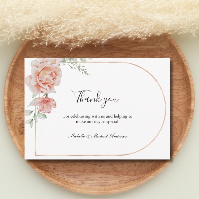 Klassiskt Blommigt Bröllop - tack Anteckningskort (Watercolor Peach Floral Rose Gold Arch Wedding Thank you cards)