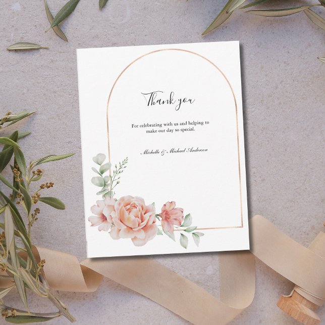 Klassiskt Blommigt Bröllop - tack Anteckningskort (Peach Floral Watercolor Wedding Thank you card. Personalized, Rose Gold Arch Greenery)
