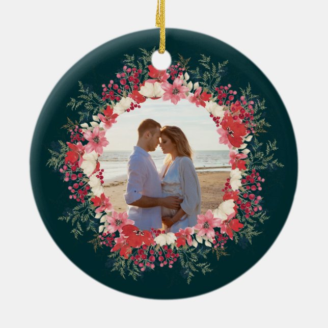 Klassiskt blommigt, klorismas, botaniskt 2-foto julgransprydnad keramik (Baksidan)