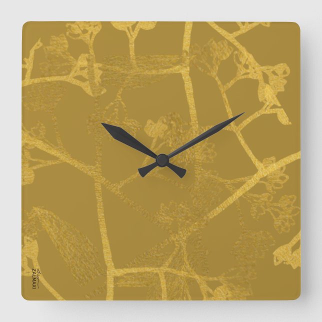 Klassiskt Blommönster Guld Beige Fyrkantig Klocka (Framsida)