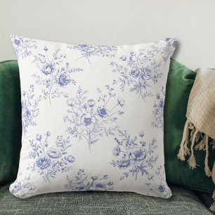 Klassiskt blommönster i franskt blått toile kudde