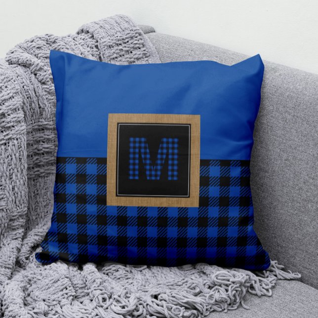 Klassiskt Blue Buffalo Play Gingham Monogram Kudde (Monogram Blue and Black Buffalo Check Pillow )