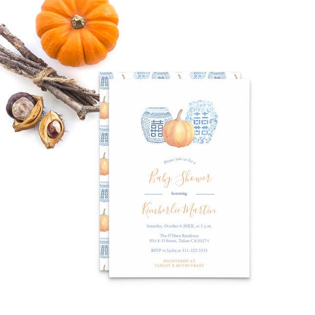 Klassiskt Blue Ginger Burk Pumpkin Baby Shower Par Inbjudningar (Ginger Jars With Orange Pumpkin And Text Baby Shower Party Invitation)