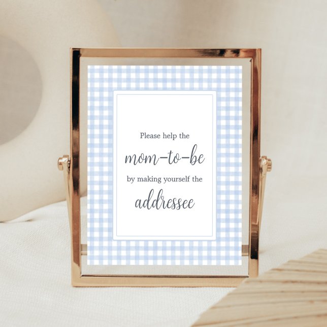 Klassiskt Blue Gingham EnKue Station Poster (Boy Gingham Baby Shower Envelope Station Sign)
