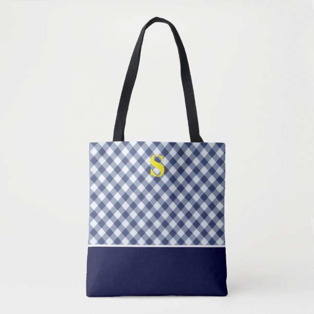 Klassiskt Blue Gingham Monogram Tygkasse (Framsida)