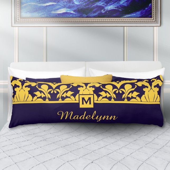 Klassiskt Blue Guld Damask Monogram Kroppskudde (Skapare uppladdad)