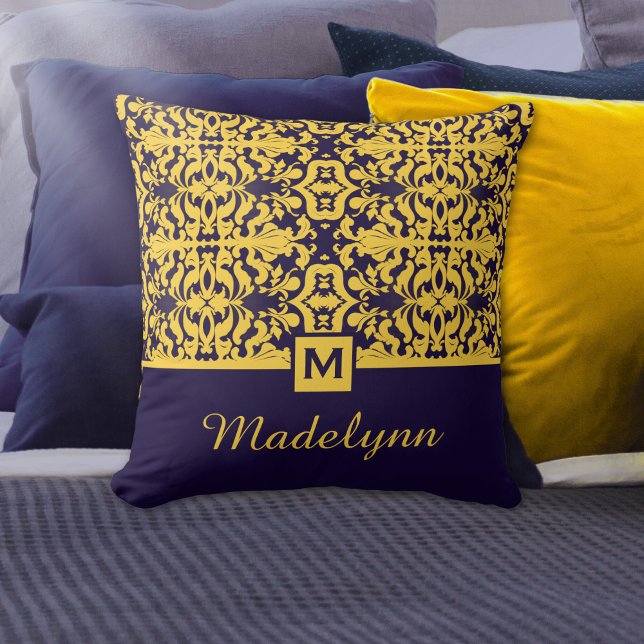 Klassiskt Blue Guld Damask Monogram Kudde (Skapare uppladdad)