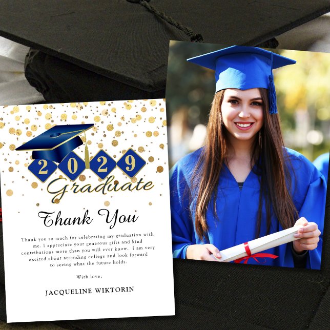 Klassiskt Blue Guld Studenten-foto Tack Kort (Classic Blue Gold Graduation Photo Thank You Card)