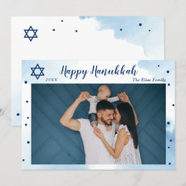 Klassiskt Blue Watercolor Guld Lycklig Hanukkah Ph Julkort