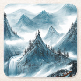 Klassiskt Blue White Chinoiserie Mountain Ligcape Underlägg Papper Kvadrat