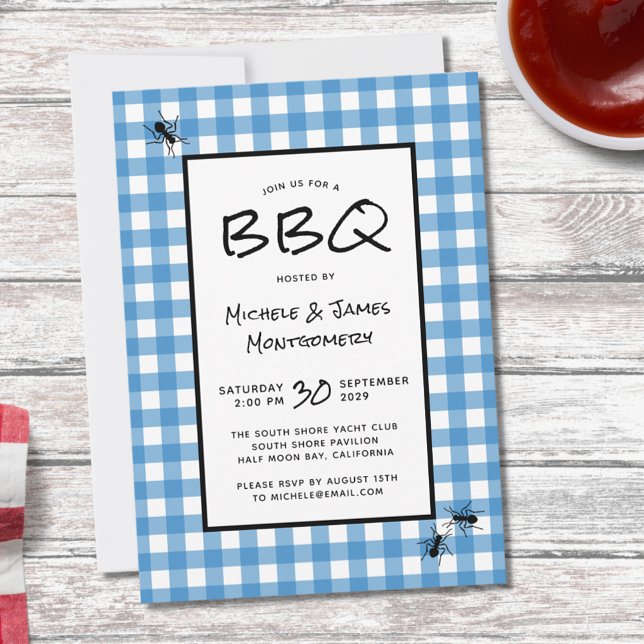 Klassiskt Blue White Gingham Ants BBQ Picnic Party Inbjudningar (Skapare uppladdad)