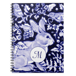 Klassiskt Blue & White Rabbit & Bird Blommigt Mono Anteckningsbok