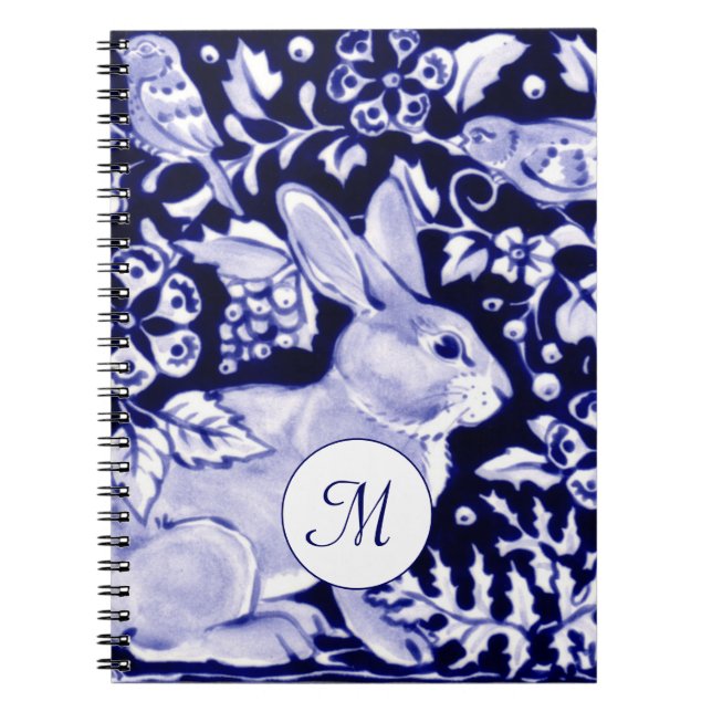 Klassiskt Blue & White Rabbit & Bird Blommigt Mono Anteckningsbok (Framsidan)