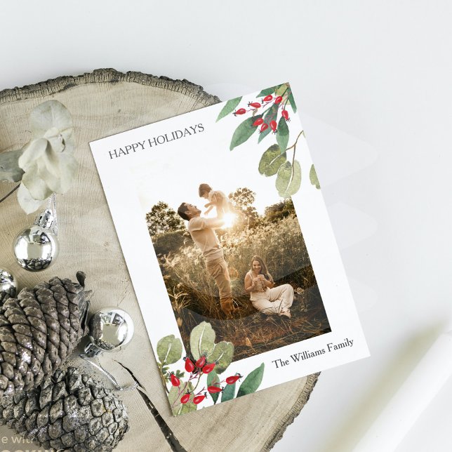 Klassiskt botaniskt julfoto julkort (Classic Botanical Christmas Greetings Photo Holiday Card)