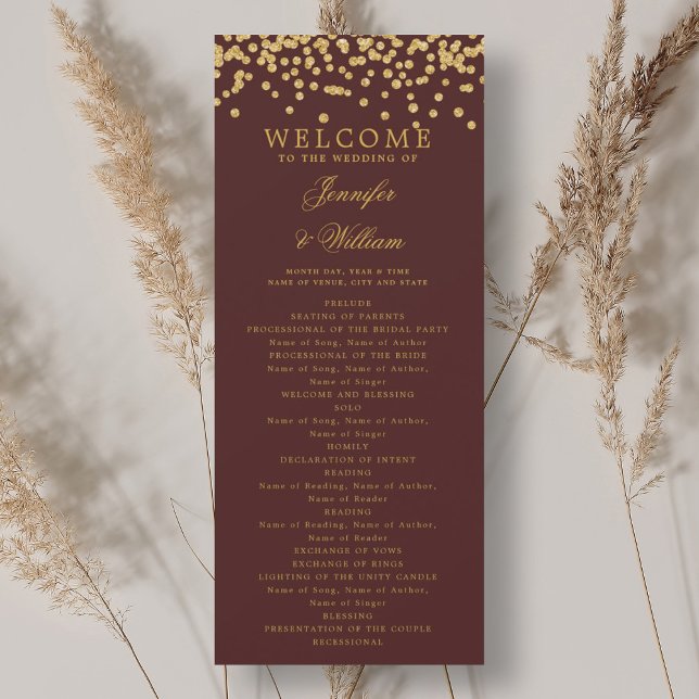 Klassiskt Bröllopsprogram Confetti Guld Burgundy Inbjudningar (Classic Wedding Program Confetti Gold Burgundy )