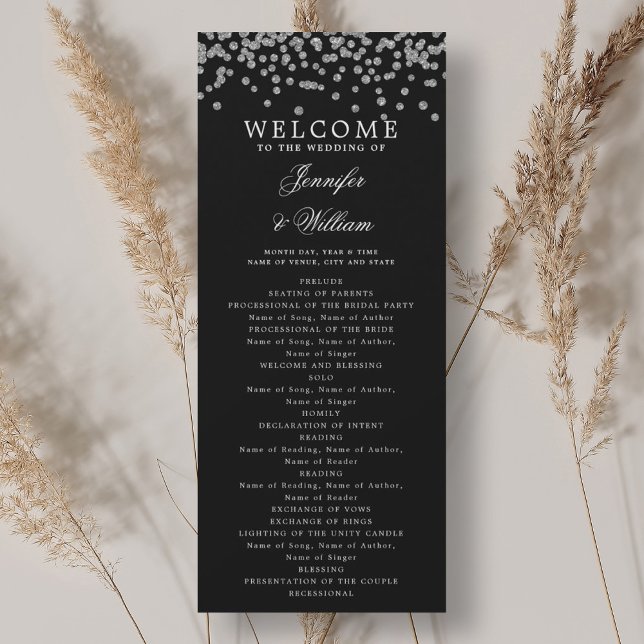 Klassiskt Bröllopsprogram Confetti Silver Black Inbjudningar (Classic Wedding Program Confetti Silver Black)