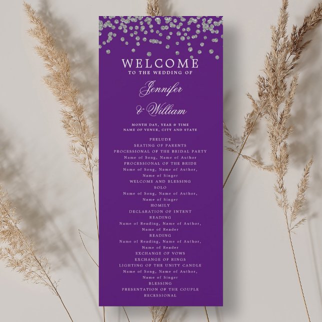 Klassiskt Bröllopsprogram Konfetti Silver Lila Inbjudningar (Classic Wedding Program Confetti Silver Purple )