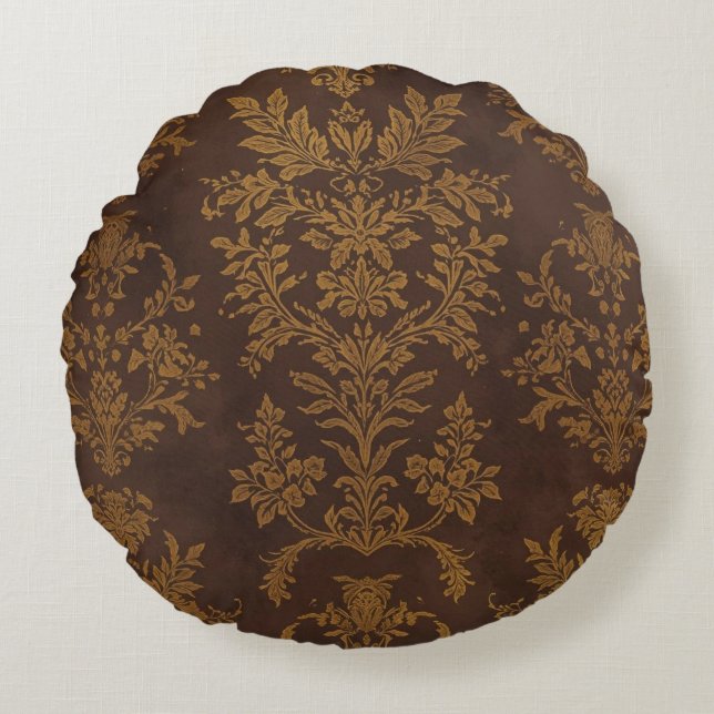 Klassiskt brunt guldornament, vintage rund kudde (Framsidan)