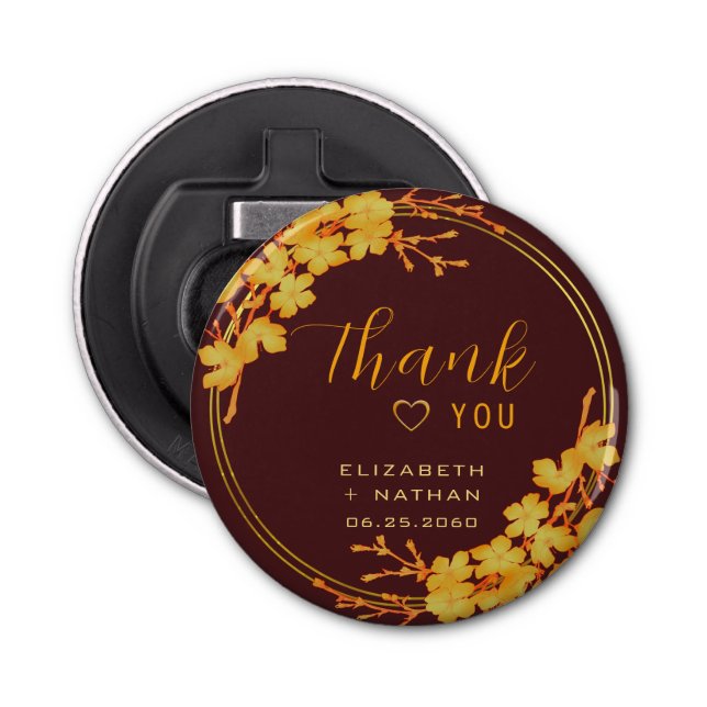 Klassiskt Burgundy & Guld Bröllop Tack Flasköppnare (Framsidan)