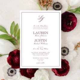 Klassiskt Burgundy-skript Monogram Bröllop Inbjudningar
