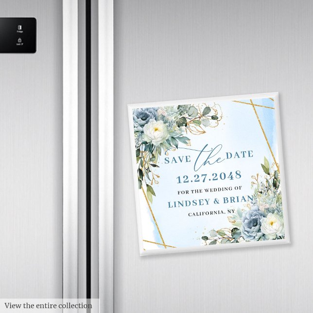 Klassiskt dammblått botaniskt Guld Spara datum Magnet (Classic Dusty Blue Botanical Gold Save The Date Magnet

)