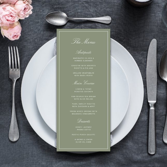 Klassiskt dammigt grönt skriptbröllop meny (Classic dusty green wedding menus add elegant detail to your beautifully styled reception.)