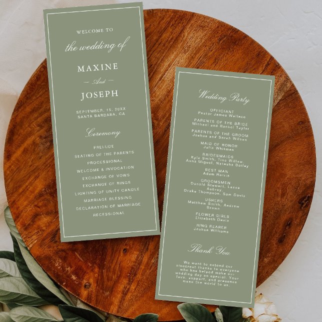 Klassiskt dammigt grönt skriptbröllop program (Classic dusty green wedding programs guide guests through your celebration with timeless elegance.)
