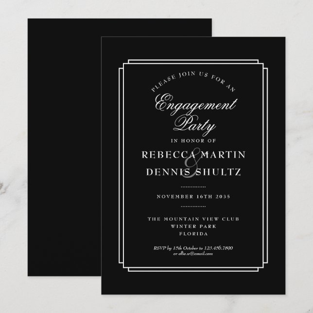Klassiskt deco | Svartvit Förlovningsfest Inbjudningar (Fram/baksida)