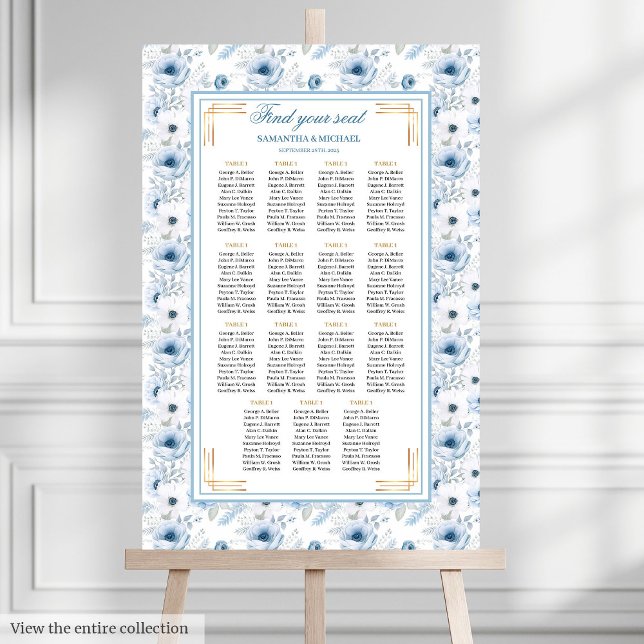 Klassiskt Dusty Blue Boho Guld Glitter-sittdiagram Poster (Classic Dusty Blue Boho Gold Glitter Seating Chart)