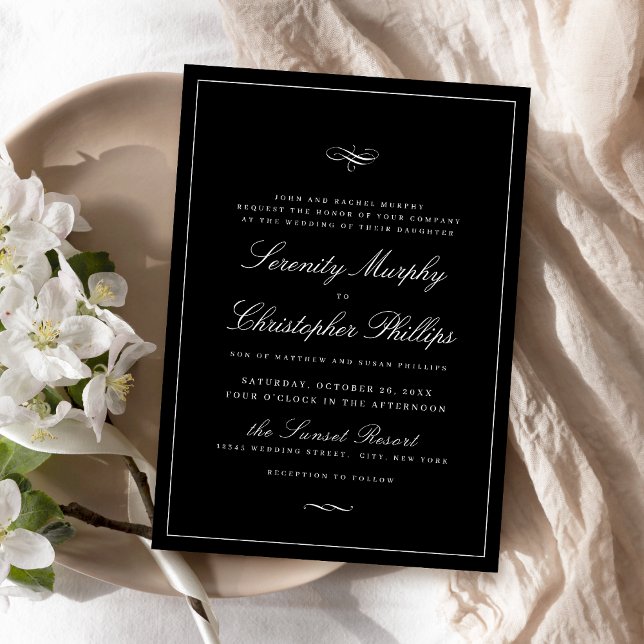 Klassiskt elegance-skript, svart och vit Bröllop Inbjudningar (Classic Elegance Script Black And White Wedding Invitation)