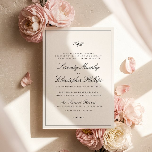 Klassiskt elegance-skript, svart och vit Bröllop Inbjudningar (Classic Elegance Script Black And White Wedding In Invitation)