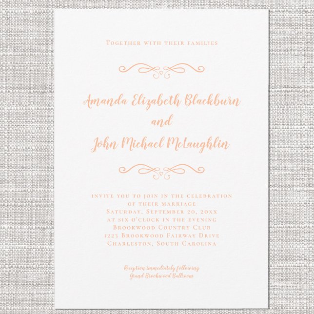 Klassiskt Elegant Persika & Vit Formellt Bröllopsl Inbjudningar (Classic Elegant Peach & White Formal Wedding Chic Invitation)