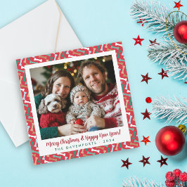 Klassiskt familjfoto Red & Teal Hund Bone Mönster Julkort