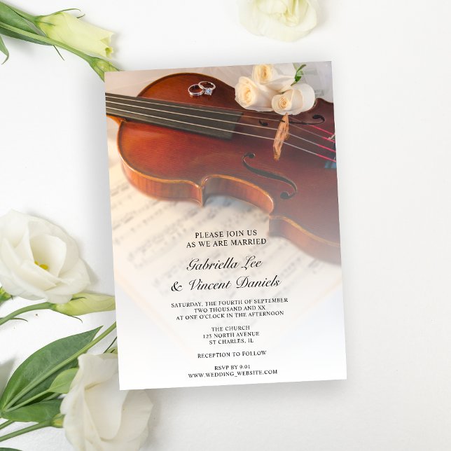 Klassiskt fiol och Vit ros Bröllop Inbjudningar (Invite guests to a musical marriage ceremony with the elegant Violin & White Rose Wedding Invitation)