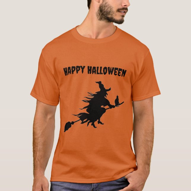 Klassiskt flygande Witch på Broom med Cat Hallowee T Shirt (Framsida)