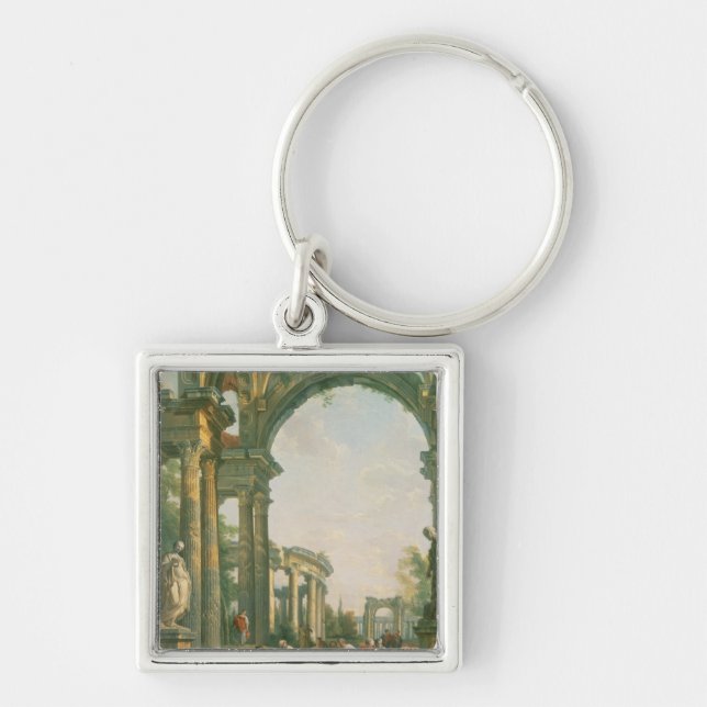 Klassiskt fördärvar, det 18th århundradet fyrkantig silverfärgad nyckelring (Framsidan)