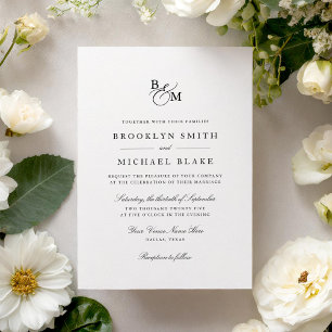 Klassiskt Formal Black and White Monogram Bröllop Inbjudningar