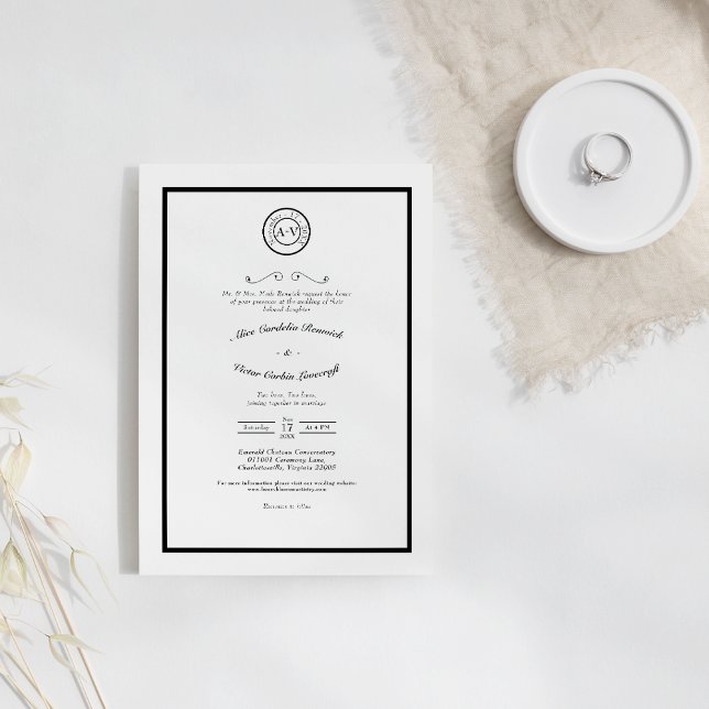 Klassiskt Formal Black White Bröllop Monogram Inbjudningar (Skapare uppladdad)