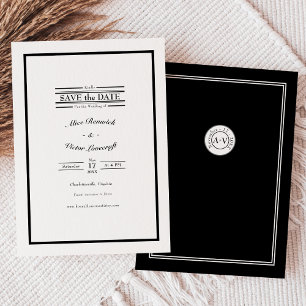 Klassiskt Formal Black White Bröllop Monogram Spara Datumet