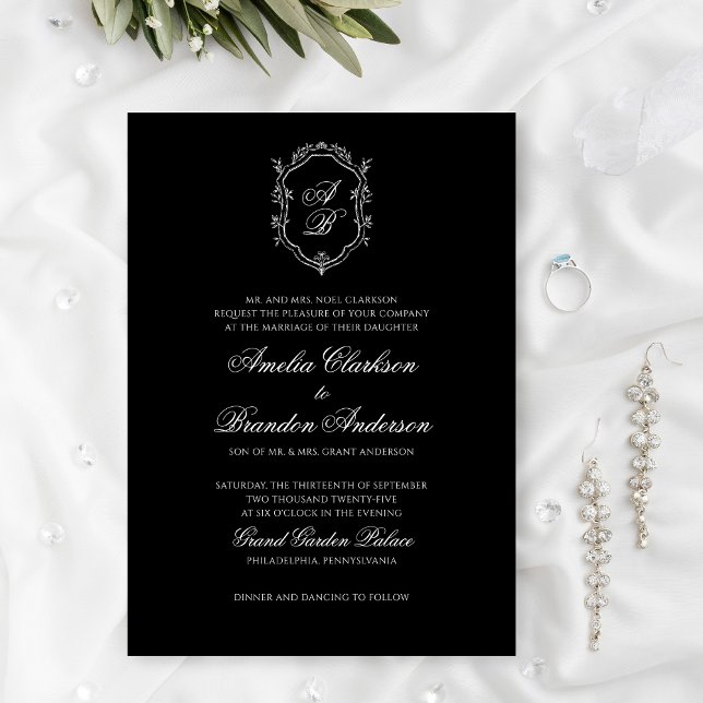 Klassiskt Formal Black & White Crest Wedding Inbjudningar (Skapare uppladdad)