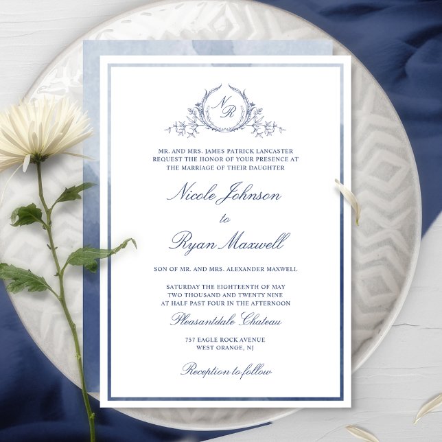 Klassiskt Formell marin vattenfärg i Monogram Bröl Inbjudningar (Skapare uppladdad)