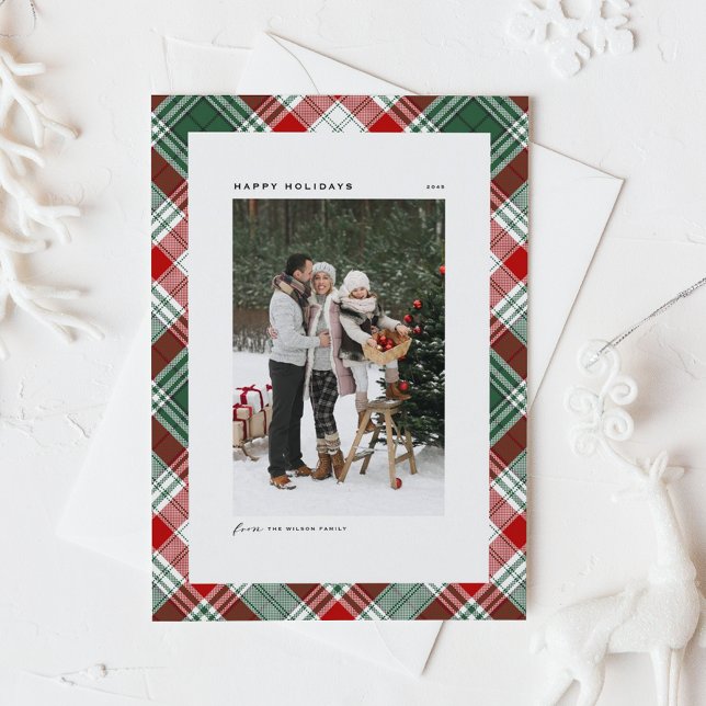 Klassiskt foto av Grönten Play Mönster Glad helg (Green and Red Classic Plaid Pattern Happy Holidays Photo Card)