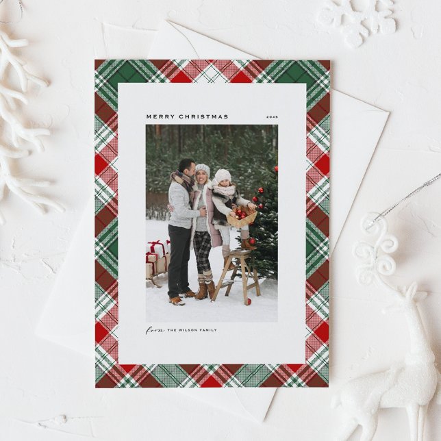 Klassiskt foto av Grönten Play Mönster God jul (Green and Red Classic Plaid Pattern Merry Christmas Photo Card)