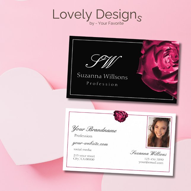 Klassiskt foto av svart och vitt Röd ros Initialer Visitkort (Skapare uppladdad)