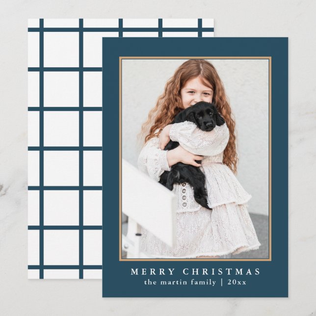 Klassiskt foto för blå kontroll av Mönster God jul Julkort (Fram/baksida)