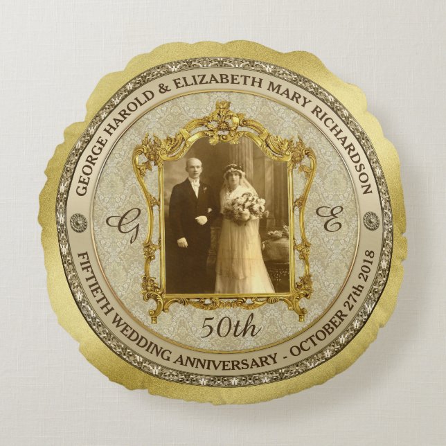 Klassiskt foto Ram på Golden Bröllop-årsdagen Rund Kudde (Framsidan)