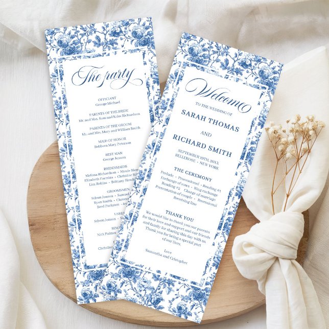 Klassiskt franskt blått ros toile bröllopsprogram program (Classic French Blue Roses Toile Wedding Program)