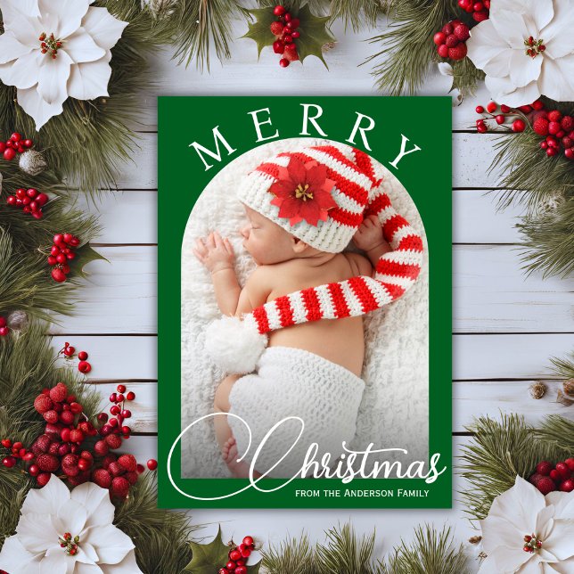 Klassiskt God jul Grönt & White Family Photo Julkort (Classic Merry Christmas Green & White Family Photo Holiday Card)
